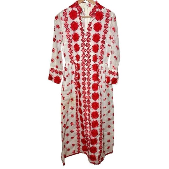 Vintage 1960’s/1970s Ruth Chagnon Dress Red White Floral Embroidered Women Small - Picture 1 of 3